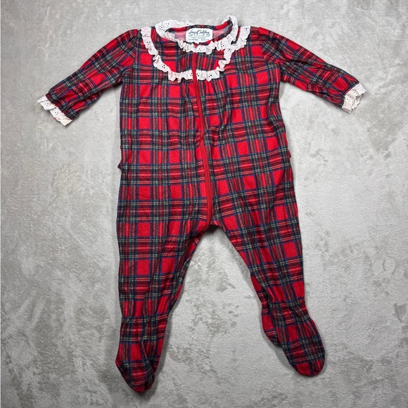 Vintage Lanz of Salzburg Red Plaid White Eyelet Ruffle Zip Front Footie PJs XL - Picture 1 of 15
